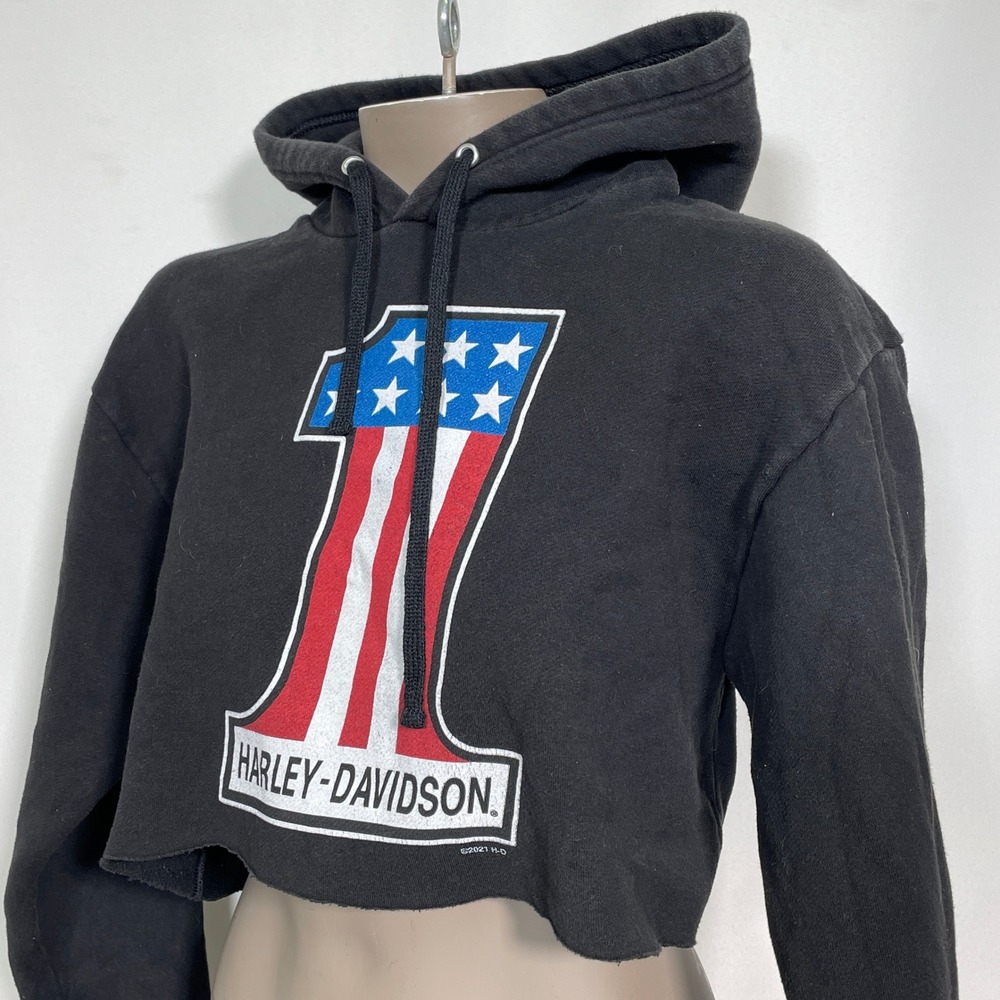 Harley-Davidson #1 California Shield Logo Black Cropped Hoodie Women's SMALL - Picture 3 of 10